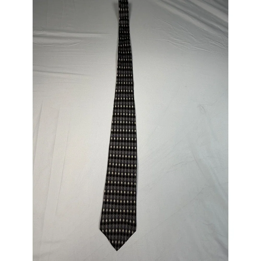 Zylos George Machado Mens Silk Tie Grey Black Geometric Diamond Pattern Necktie